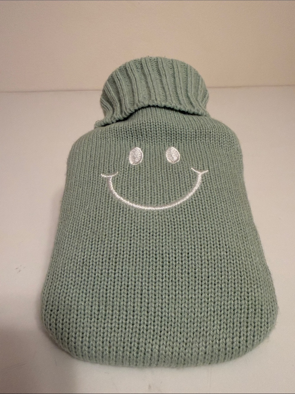Kids Sage Green Knit Smiley Hot Water Bottle Cover